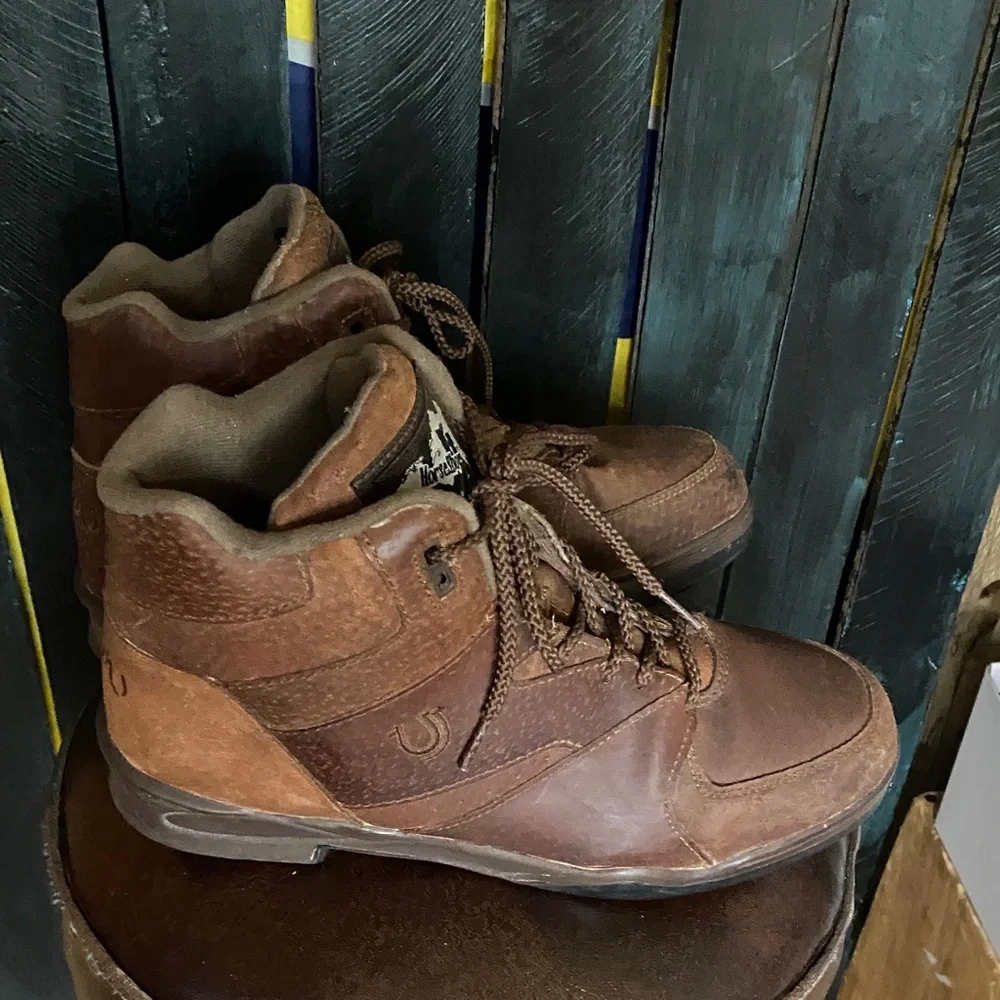 Horse Shoes Brown Leather athletic Roper Boots size 10 - Picture 3 of 13
